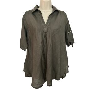Lin Blanc 100% Linen Olive Green Blouse Short Sleeve Women's 36